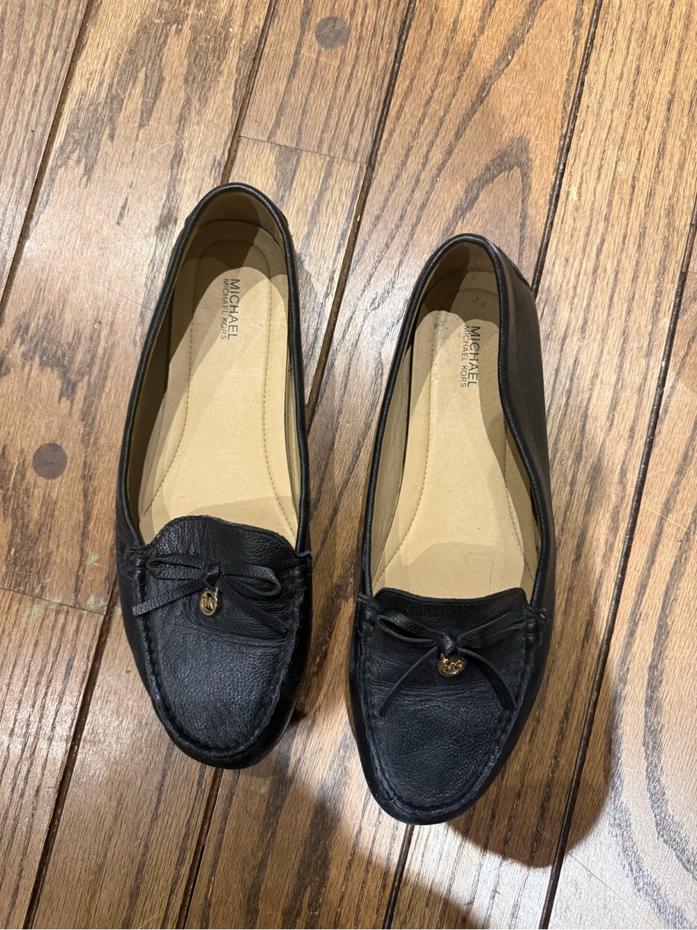 Michael Kors Black Leather Moccasin Flats with Logo Charm